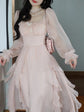 Pink Floral Fairy Dress, Chiffon Elegant Midi Puff Sleeve Princess Dress