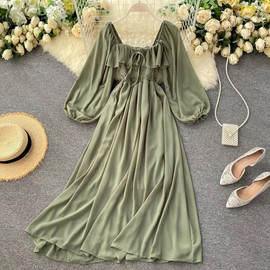 Cottagecore Chiffon Elegant Maxi Dress, Puff Sleeve Vintage Dress