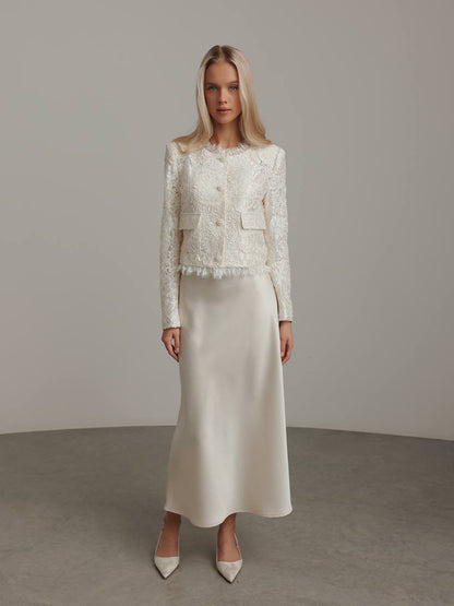 Krem Saten Midi Etek