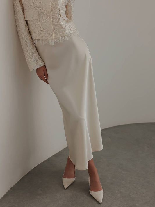 Krem Saten Midi Etek