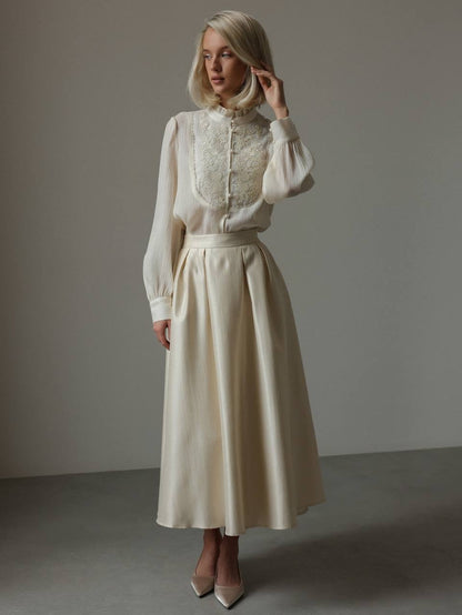 Krem Saten Midi Etek