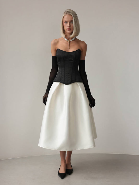 Beyaz Saten Midi Etek