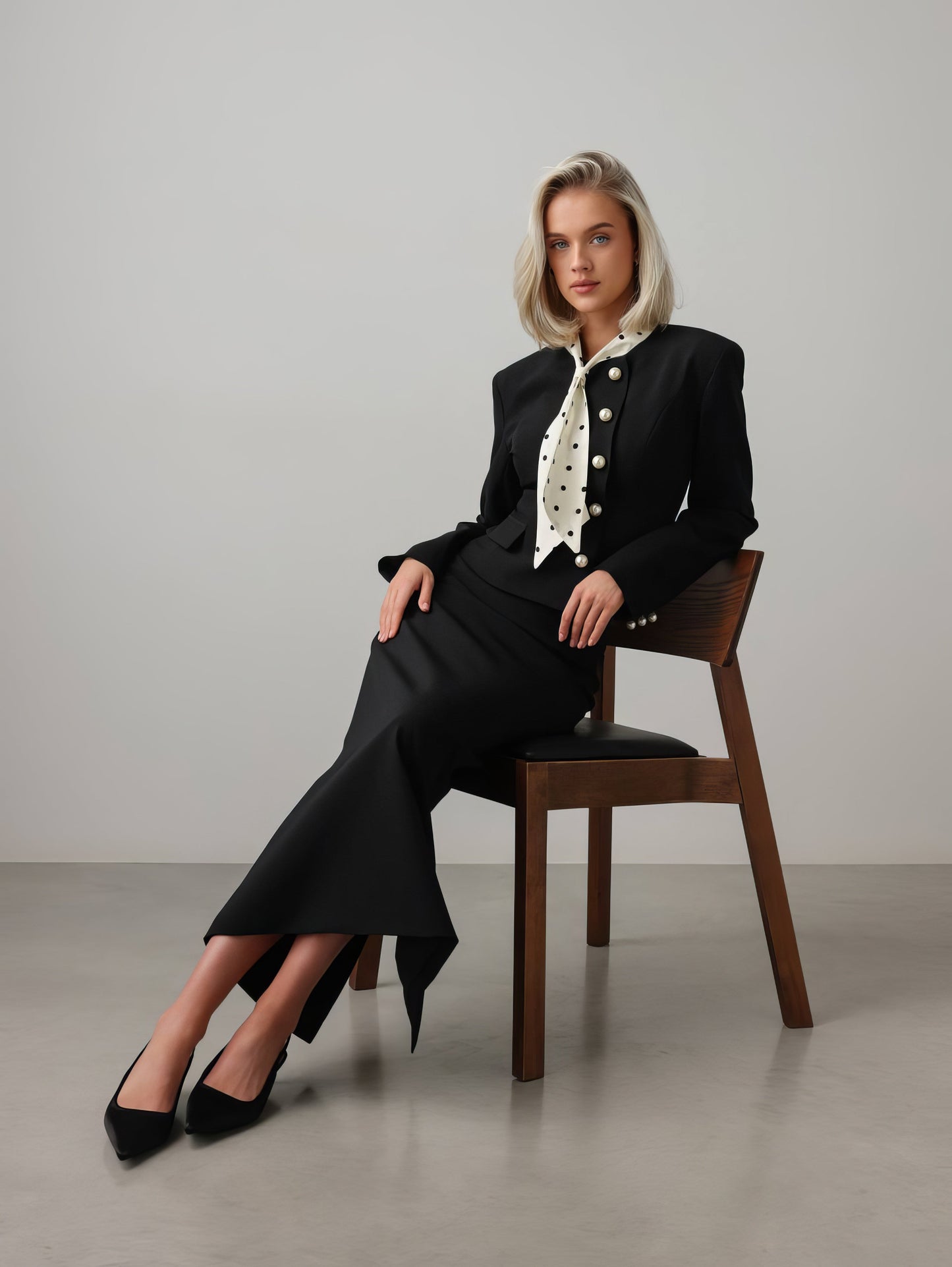 Puantiyeli Fular Detaylı Siyah Takım