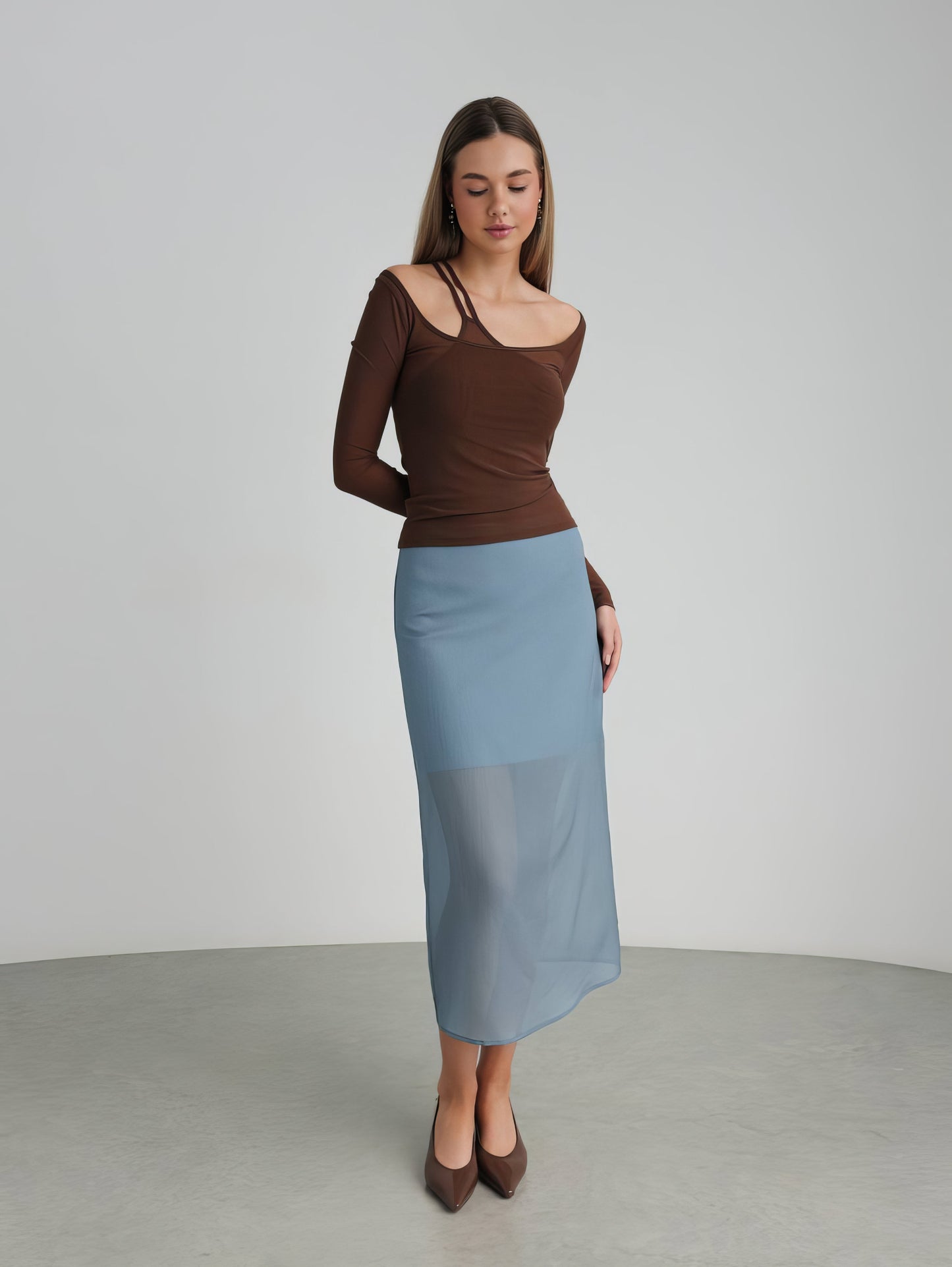 Asimetrik Kesim Açık Mavi Midi Etek