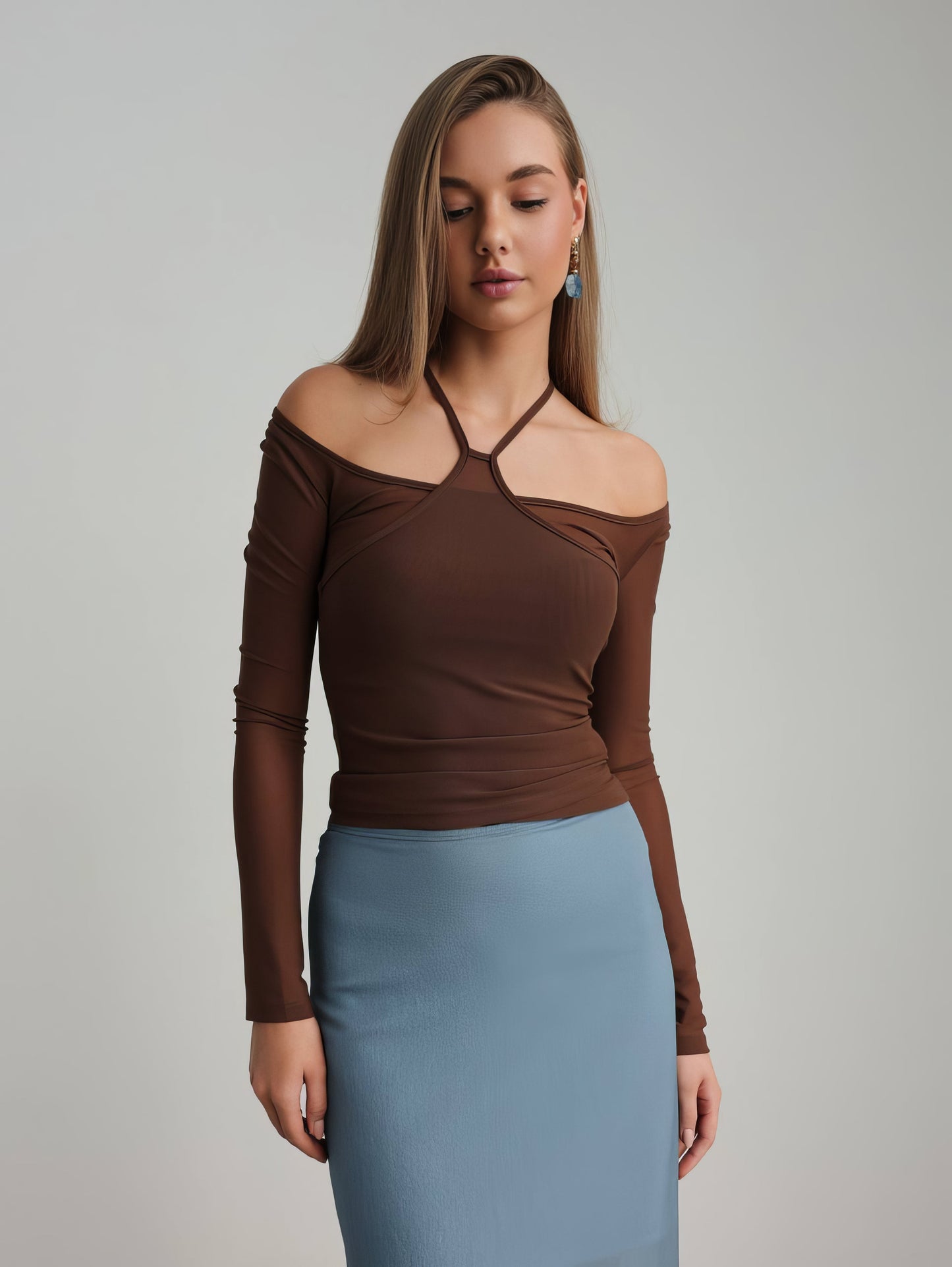 Asimetrik Kesim Açık Mavi Midi Etek