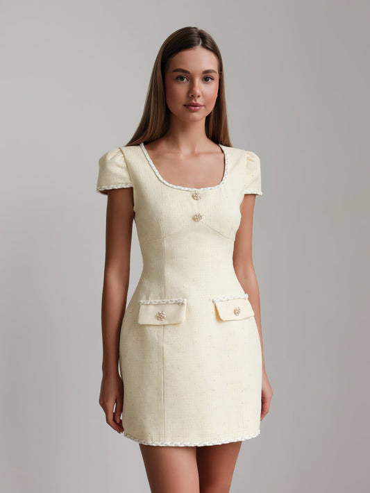 Altın Detaylı Açık Sarı Tüvit Elbise