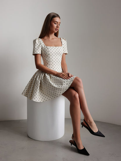 Vintage Esintili Beyaz Puantiyeli Mini Elbise