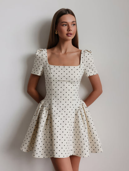 Vintage Esintili Beyaz Puantiyeli Mini Elbise