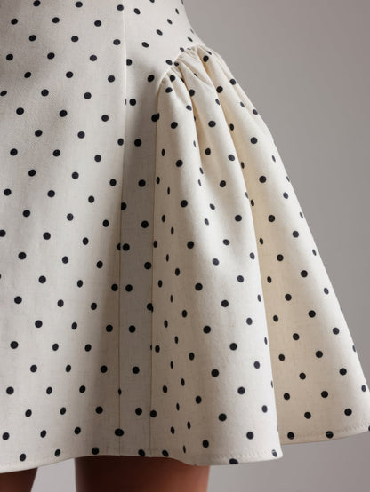 Vintage Esintili Beyaz Puantiyeli Mini Elbise