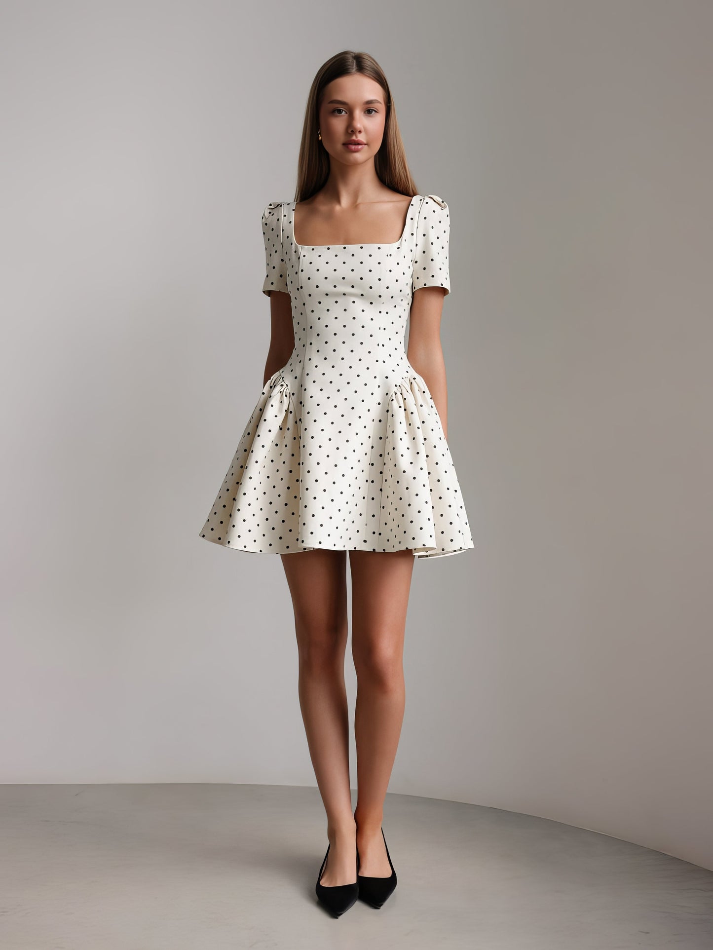 Vintage Esintili Beyaz Puantiyeli Mini Elbise