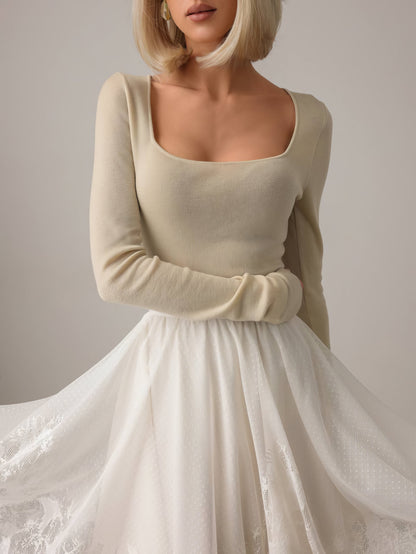 Hacimli Kırık Beyaz Midi Etek