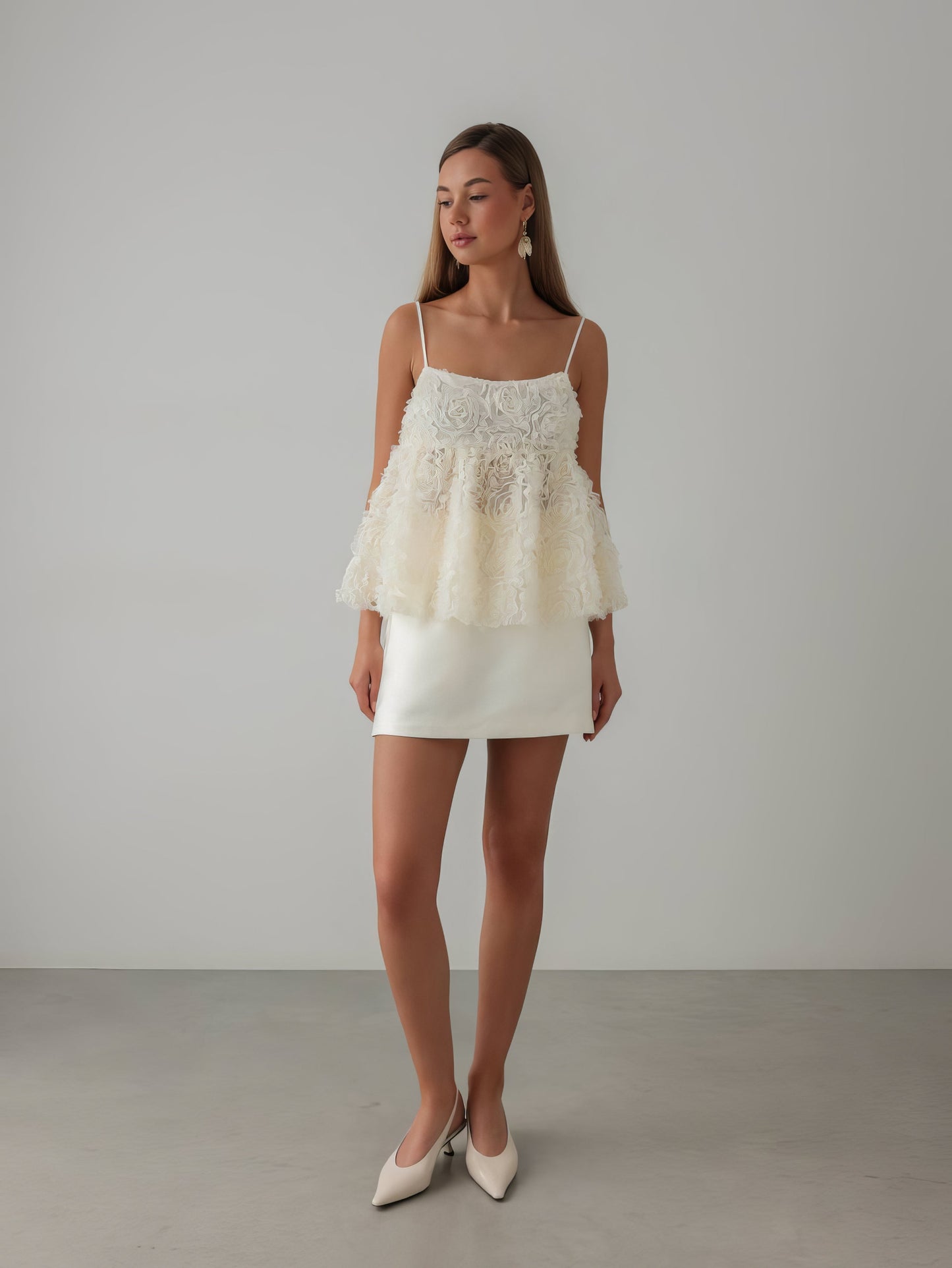 Fildişi Saten Mini Etek