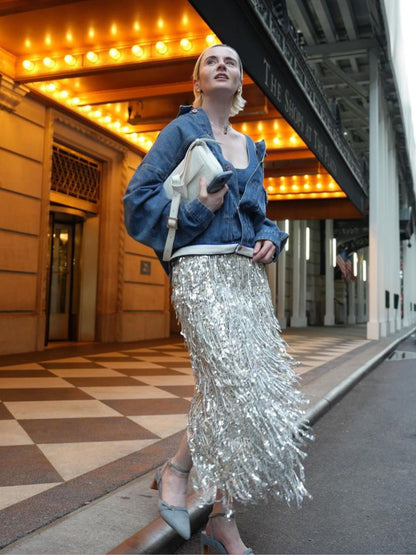 Püsküllü Pullu Midi Etek