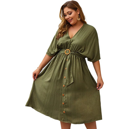 Plus Size Summer Dress Full Sleeve V Neck