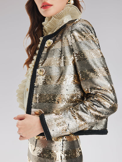 Altın Yaldızlı Pullu Çizgili Ceket