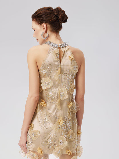 Elmas Kabartmalı Çiçek Nakışlı Elbise