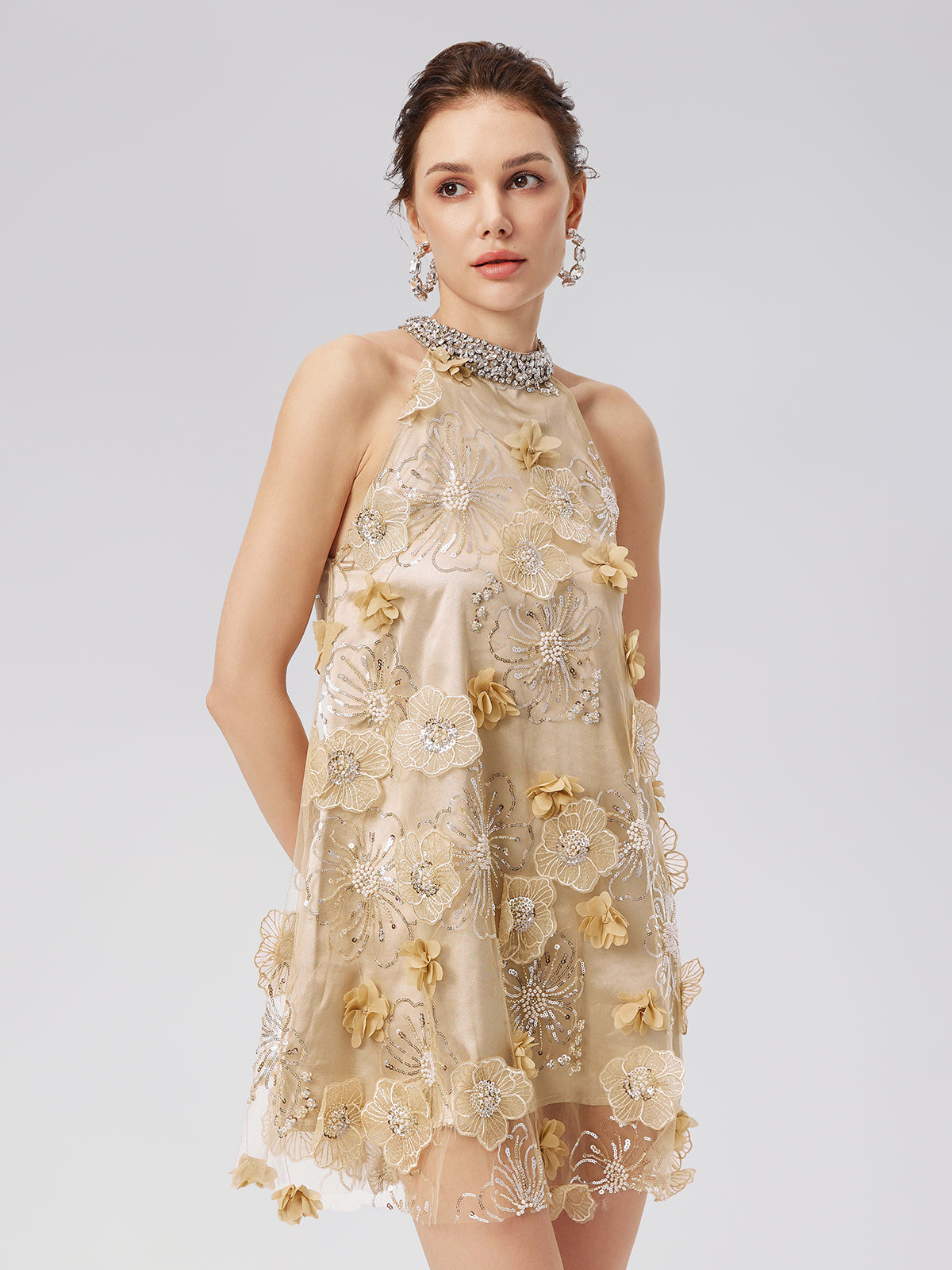 Elmas Kabartmalı Çiçek Nakışlı Elbise