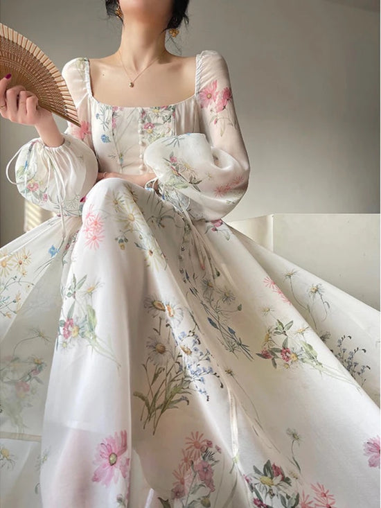 Floral Chiffon Midi Fairy Dress,Elegant Long Sleeve Evening Party Dre