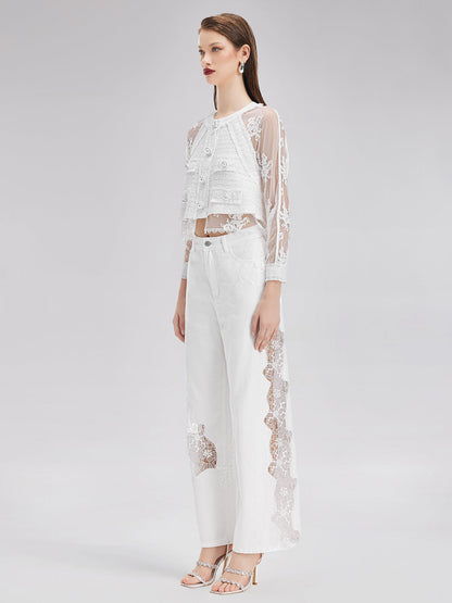 Dantel Nakış Parçalı Kot Pantolon