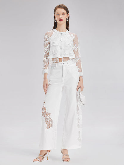 Dantel Nakış Parçalı Kot Pantolon