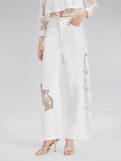 Dantel Nakış Parçalı Kot Pantolon