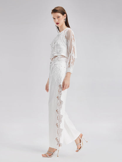 Dantel Nakış Parçalı Kot Pantolon