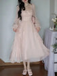 Pink Floral Fairy Dress, Chiffon Elegant Midi Puff Sleeve Princess Dress