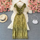 Elegant Green Satin French Vintage V-neck Sexy Backless Maxi Dress