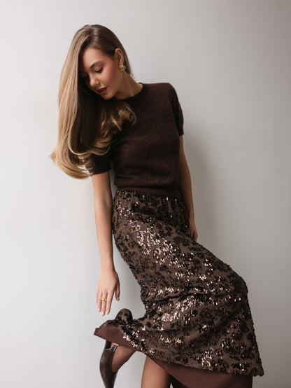 Çikolata Işıltılı Midi Etek