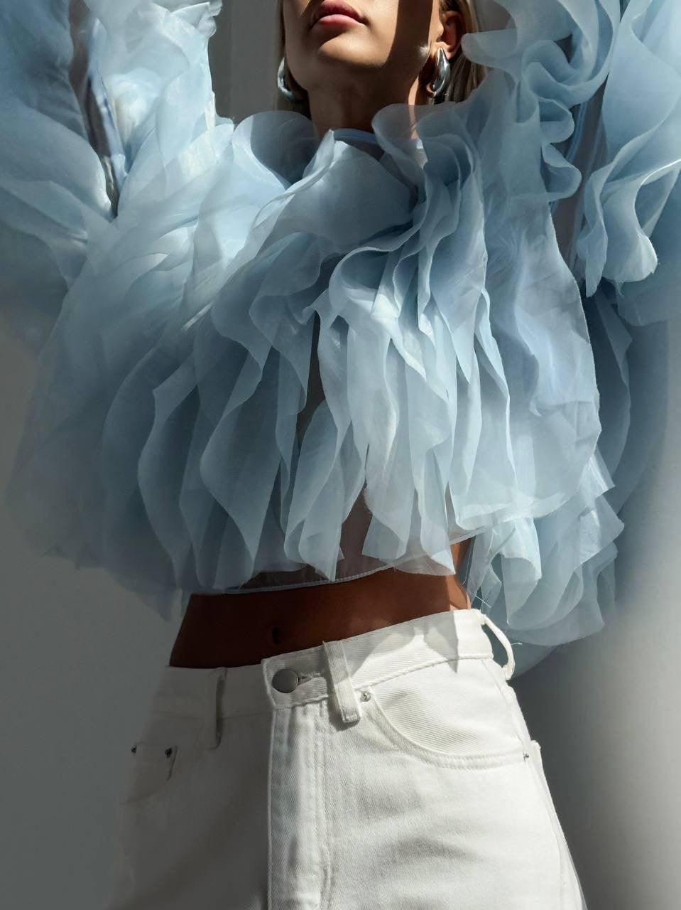 Zarif Mavi Tül Bluz