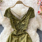 Elegant Green Satin French Vintage V-neck Sexy Backless Maxi Dress