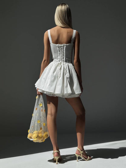 Korse Stil Zarif Beyaz Mini Elbise