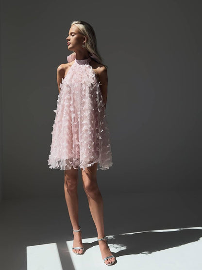 Büyüleyici Pembe Çiçekli Mini Elbise