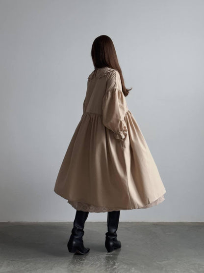 Dantel Yakalı Bej Midi Elbise