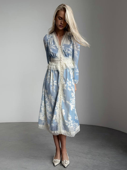 Dantel Şerit Detaylı Zarif Mavi Elbise