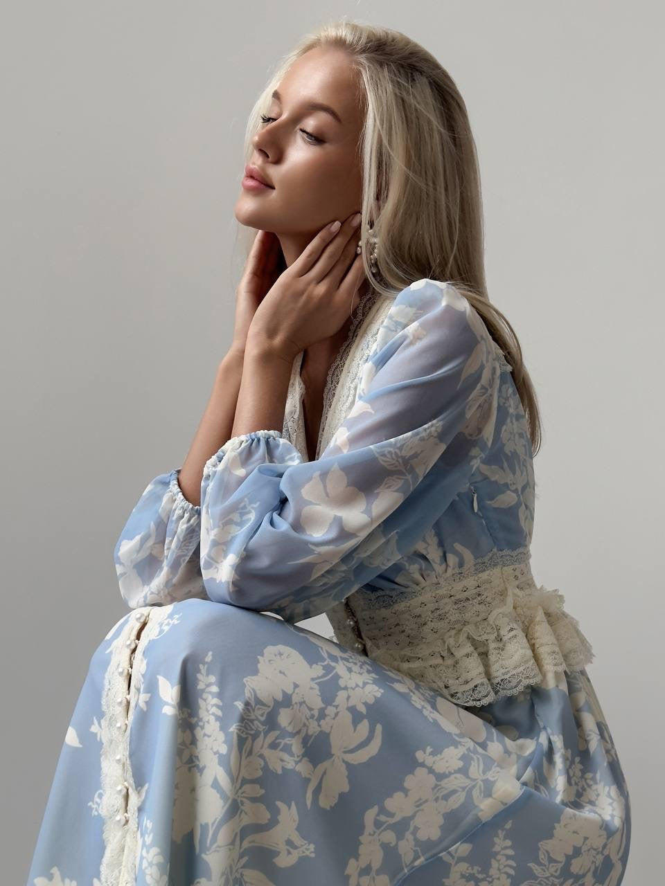 Dantel Şerit Detaylı Zarif Mavi Elbise