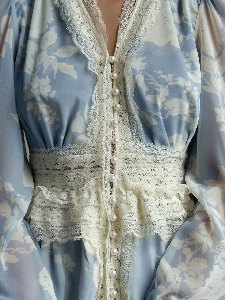 Dantel Şerit Detaylı Zarif Mavi Elbise