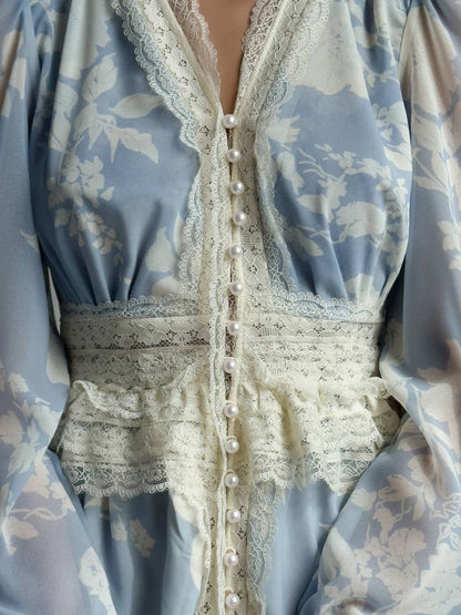 Dantel Şerit Detaylı Zarif Mavi Elbise