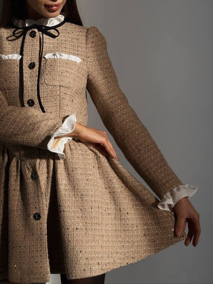 Fırfır Detaylı Düğmeli Tüvit Mini Elbise