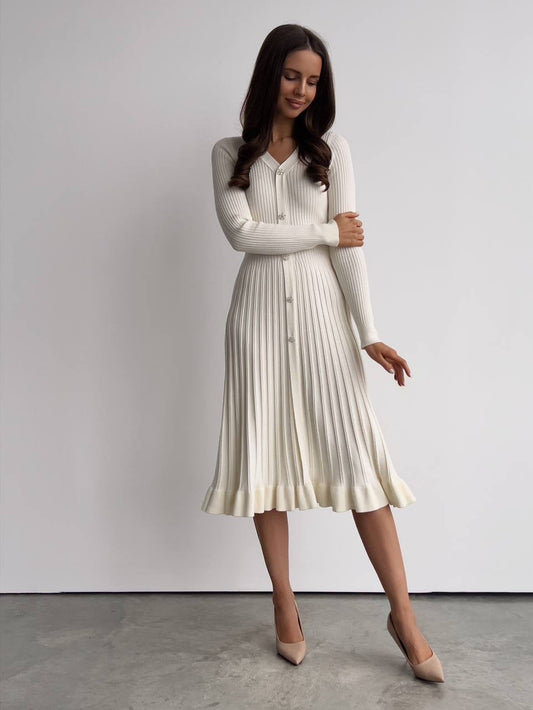 Kristal Düğmeli Fildişi Fitilli Triko Midi Elbise