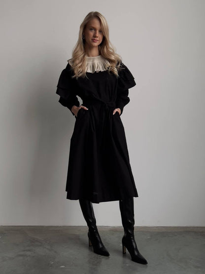 Bej Pile Yakalı Siyah Elbise