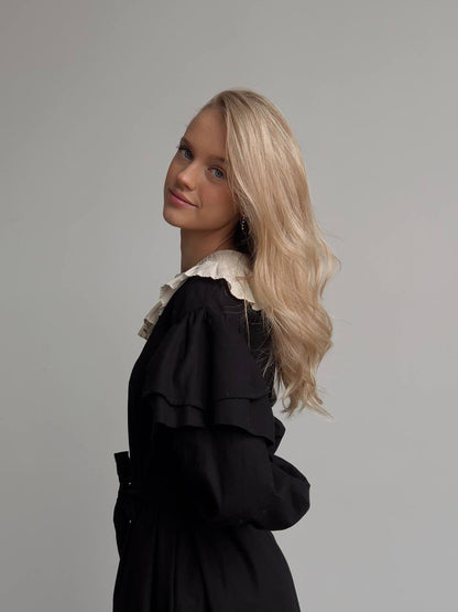 Bej Pile Yakalı Siyah Elbise