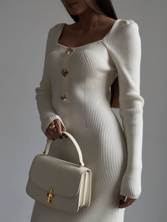 Zarif Krem Fitilli Triko Midi Elbise