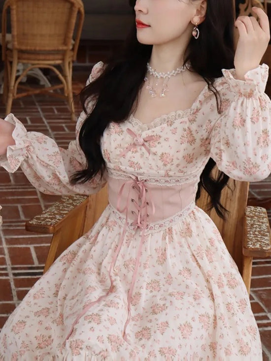 Spring Floral Pink Elegant Midi Dress, Fairy Puff Sleeve Princess Dress