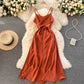 Korean Elegant Satin Strap V-neck Sleeveless Sexy Midi Spaghetti Strap Dress