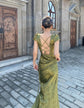 Elegant Green Satin French Vintage V-neck Sexy Backless Maxi Dress