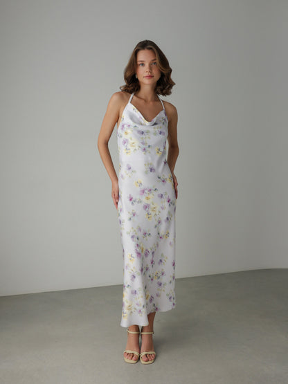 Çiçek Dökümlü Saten Askılı Elbise