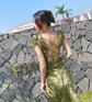 Elegant Green Satin French Vintage V-neck Sexy Backless Maxi Dress