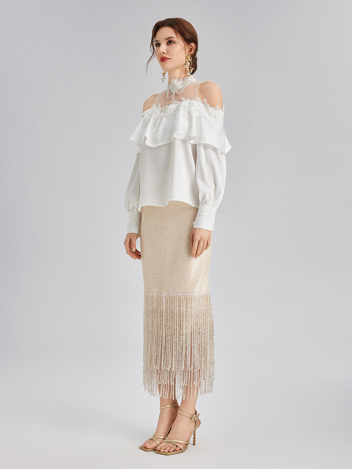 Pullu Kristal Püsküllü Yırtmaçlı Etek