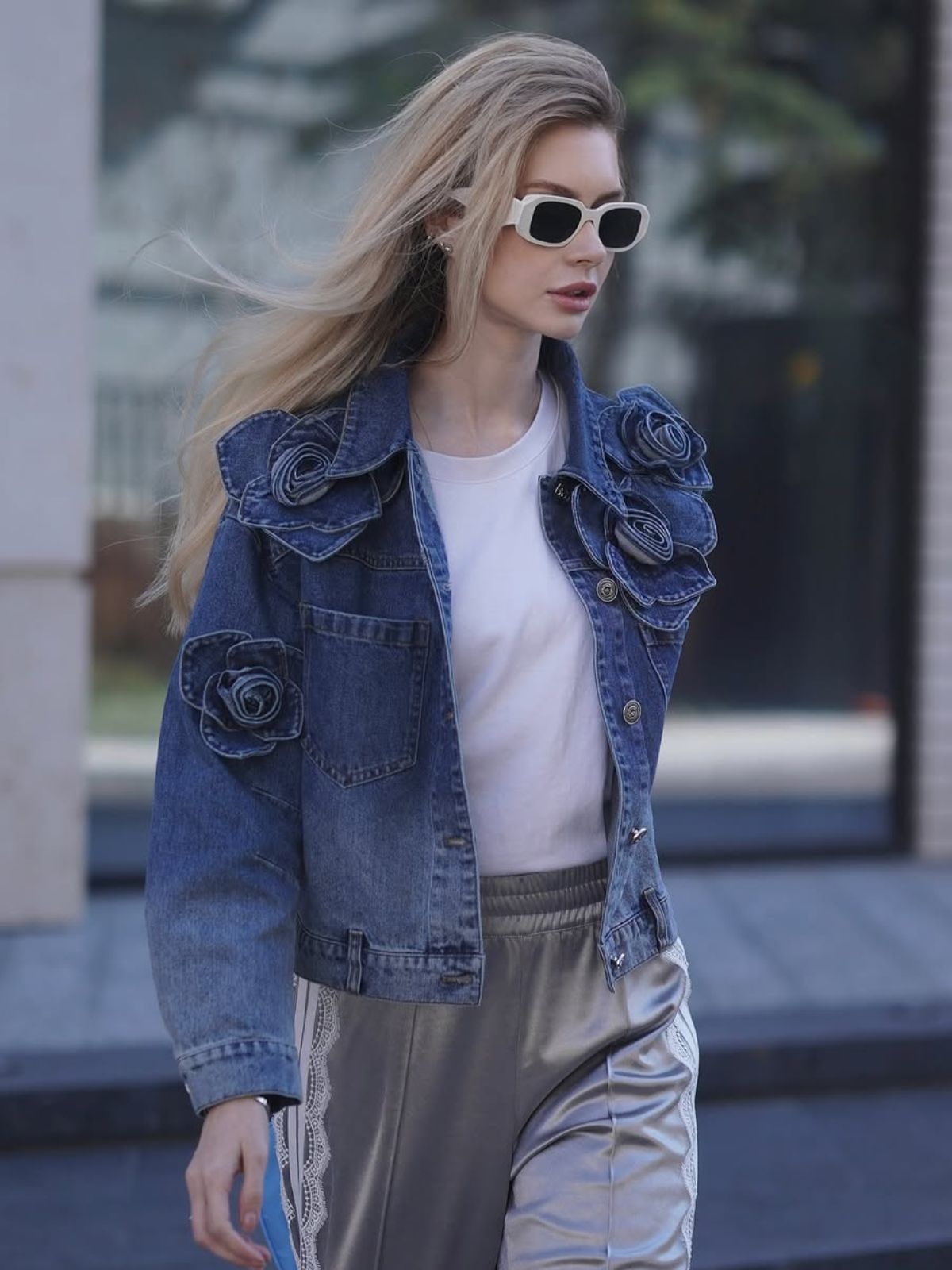 El Yapımı Çiçekli Renk Geçişli Kot Ceket